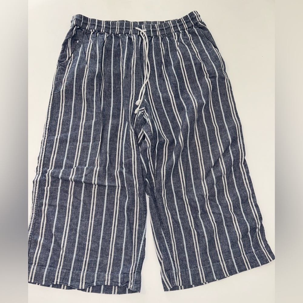 Beachlunchlounge women’s capris‎ linen cotton blend blue white stripe size Large